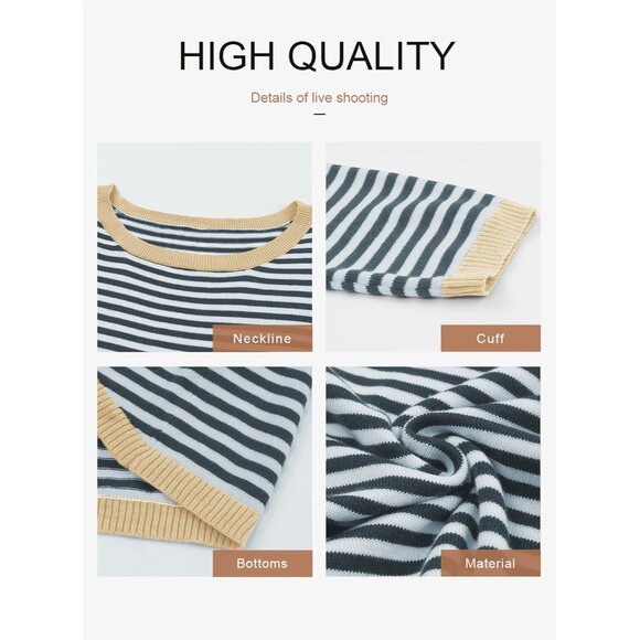 Women's Cotton Long Sleeve Sweater Casual Crewneck Striped Color Block High Low - Picture 5 of 5